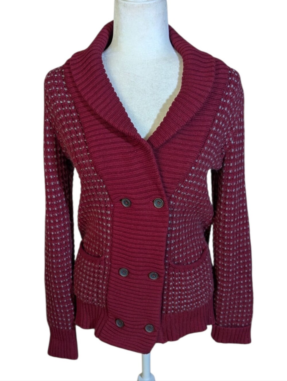 Vtg Eddie Bauer Burgundy Birdseye Double Breasted Shawl Collar Cardigan Sz S